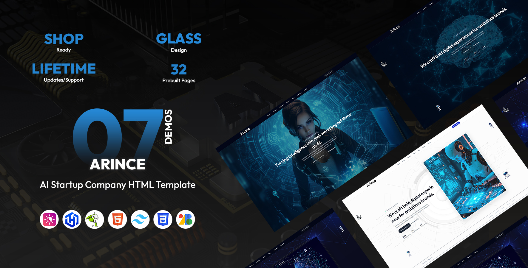 Arince - AI Startup Company HTML Template - Tailwind CSS - Glass Design